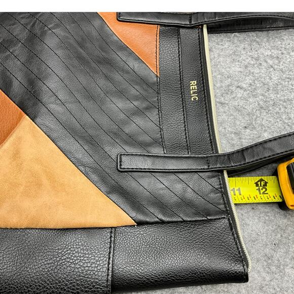 Relic Black Tan Pebbled Patchwork Faux Leather Boho Western Tote Purse - Picture 6 of 15